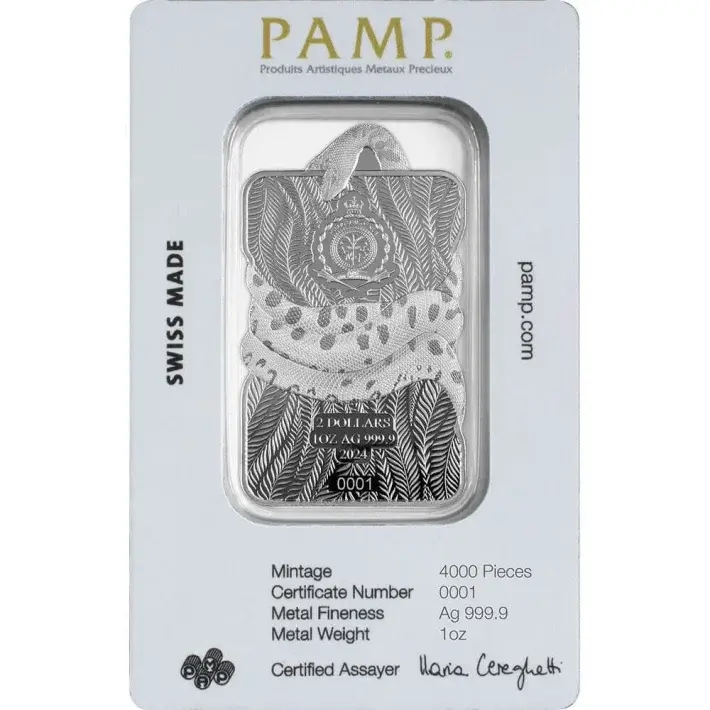 1 oz PAMP Suisse Silver 2024 Niue Anaconda Snake Hologram Coin Bar $2 in Assay #4