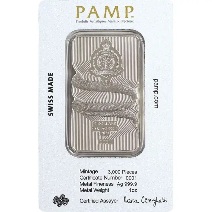 1 oz PAMP Suisse Silver 2023 Niue Sunbeam Snake Hologram Coin Bar $2 in Assay #3