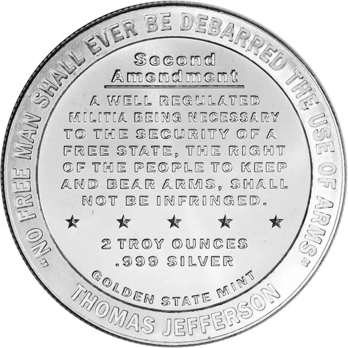 2 oz Golden State Mint Silver Round Right to Bear Arms Design .999 Fine #2