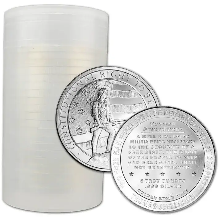 5 oz Golden State Mint Silver Round Right to Bear Arms Design .999 Fine Tube 20 #1