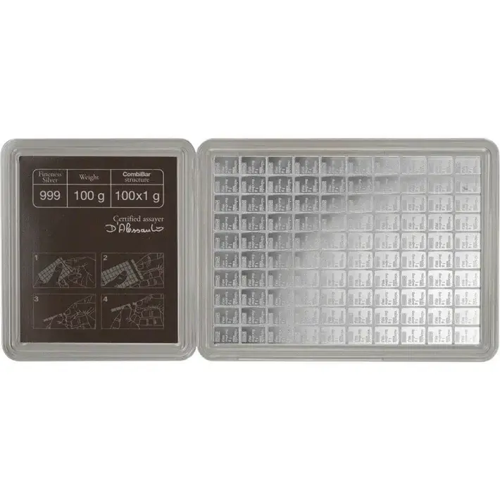 100 gram Silver Bar - Valcambi 100x1 Gram Silver CombiBar with Assay Card #2