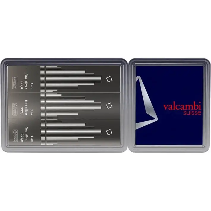 3 oz Valcambi 3x1 oz Silver Skyline CombiBar with Assay Card #1