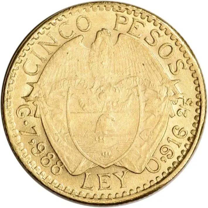 Colombia Gold 5 Pesos .2355 oz - AU/BU - 1913 - 1919 - Stonecutter #2