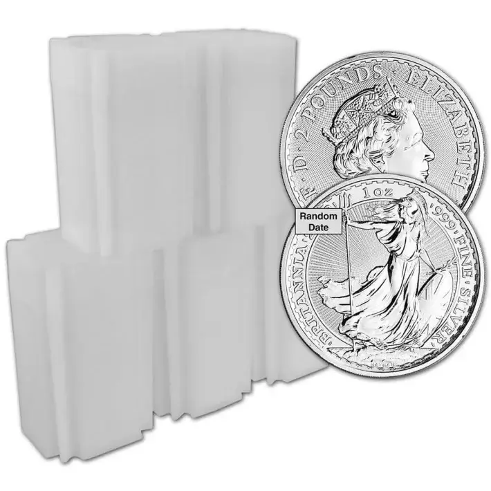 Great Britain Silver Britannia 1 oz £2 - Random Date - 100 BU Coins in 5 Tubes #1