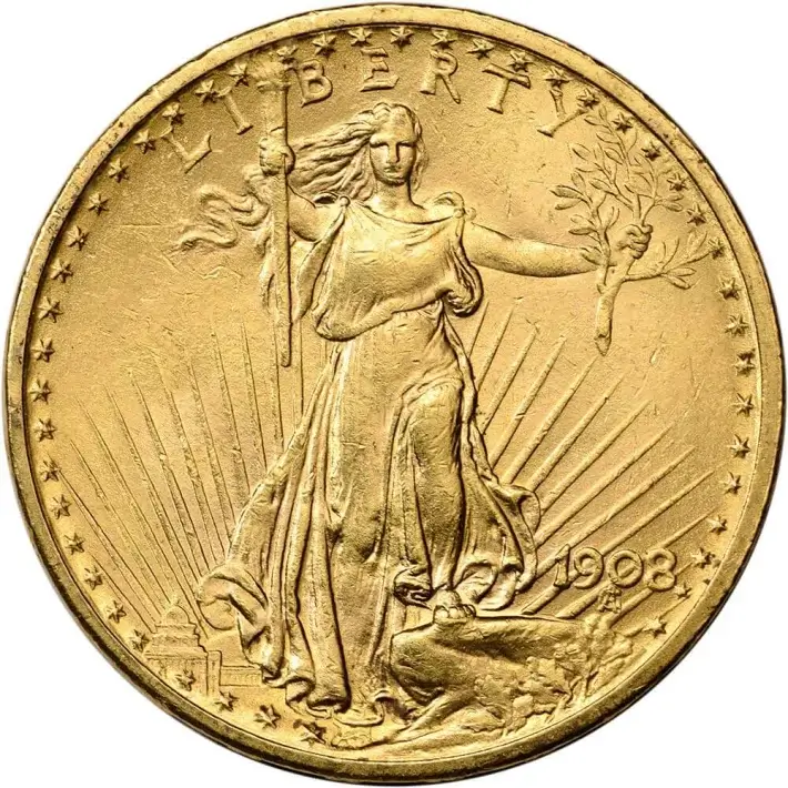 US Gold $20 Saint-Gaudens Double Eagle PCGS MS62 1908 No Motto Random Label #3