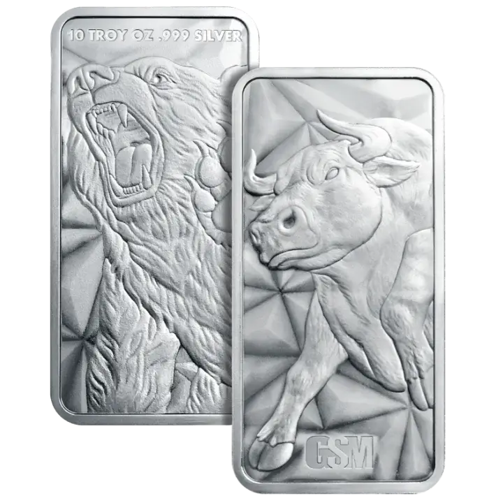 10 oz. Golden State Mint Silver Bar Bull/Bear - .999 Fine #1