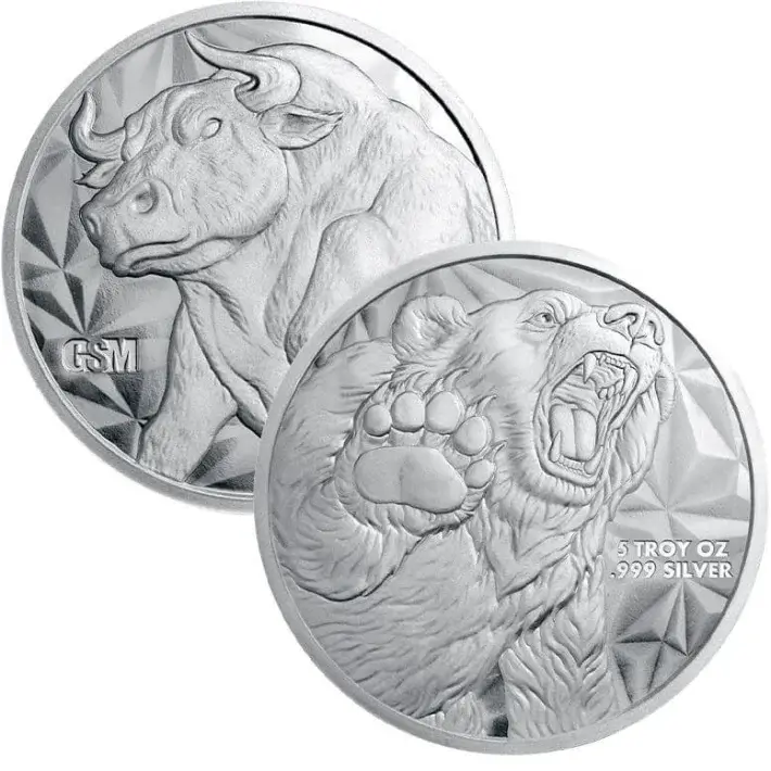5 oz. Golden State Mint Silver Round Bull/Bear .999 Fine #1